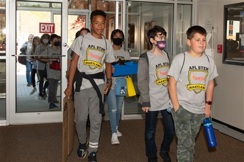 Students from Piney Orchard Elementary's MESA TEAM arriving at Capital Technical University in Laurel, Maryland